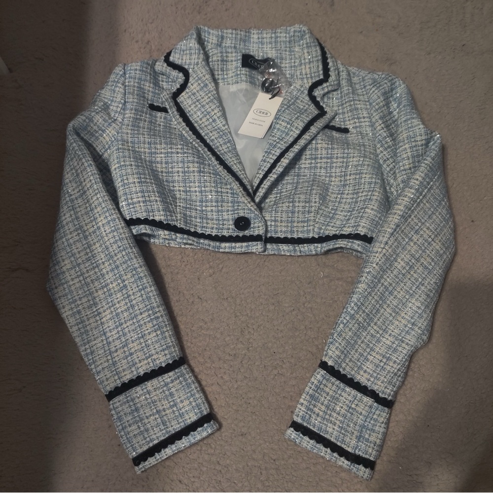 CIDER Lady Blue Pleated Mini Dress & Cropped Blazer Blue Tweed Set Black Trim S - Picture 6 of 14